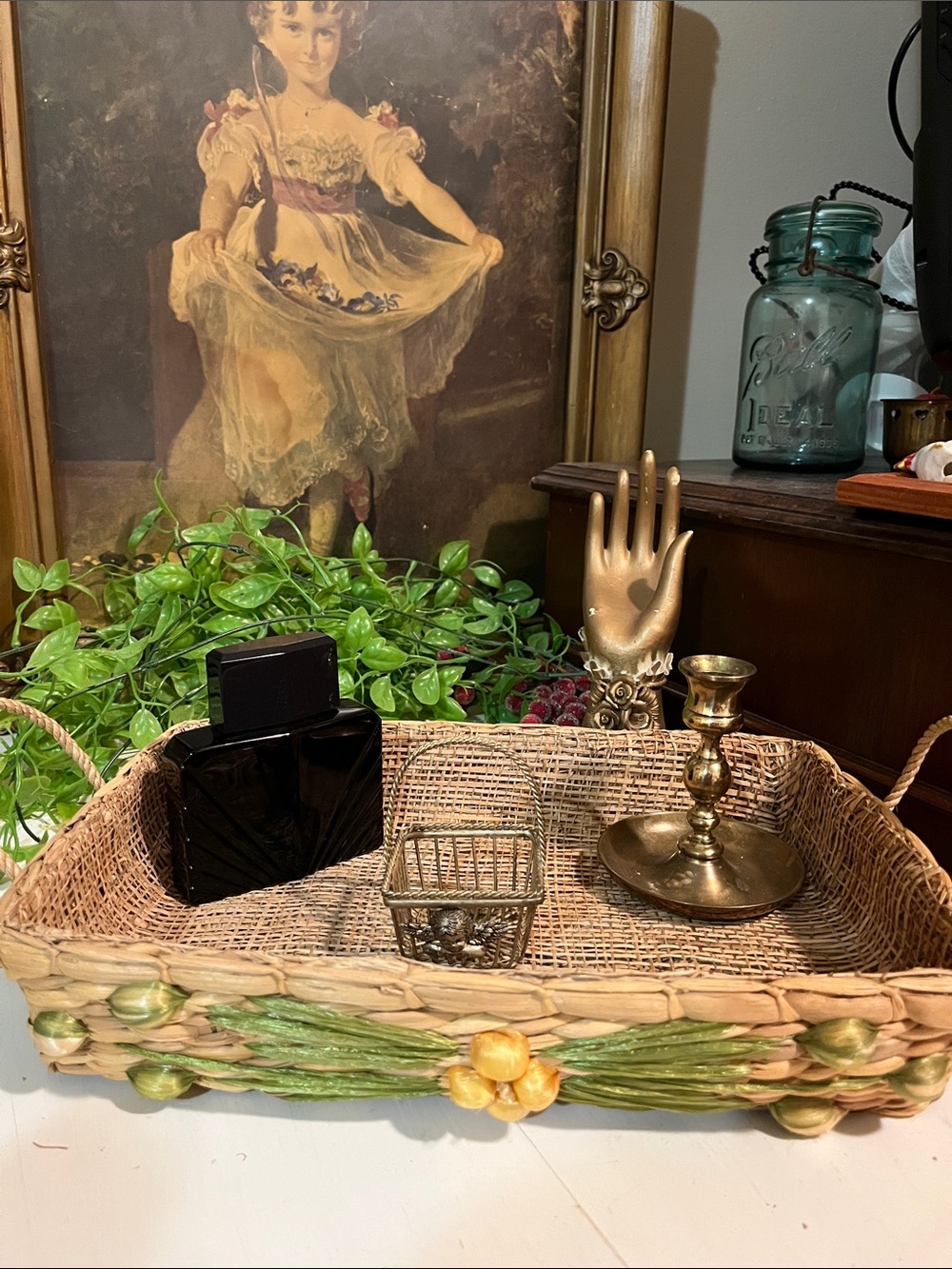 VINTAGE BASKET - Carry A Baking Dish In - Handles - Floral - Vignette Holder ***
